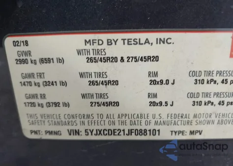 2018 Tesla Model X 100D/75D/P100D из США, поврежденный, VIN 5YJXCDE21JF088101